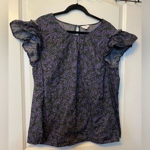 Terra & Sky 1X Green and Purple Patterned Top with Ruffle Layered Sleeves